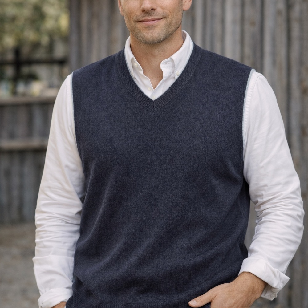 TEHAMA Men's Dark Blue V-Neck Sweater Vest 80% baby alpaca B30